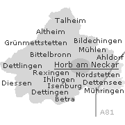 Lage einiger Orte im Stadtgebiet von Horb am Neckar
