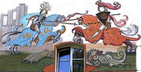 ritterliche Wandmalerei  an eine Giebelfläche am  Marktplatz vom fränkischen GrÄfenberg