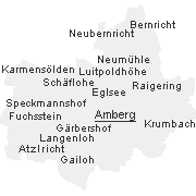 Lage einiger Orte im Stadtgebiet von Amberg