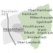 Lage einiger Orte im Stadtgebiet von Heppenheim