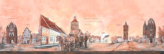 historische Stadtmarken von Friedland, einer Hauswand gekonnt aufgemalt und dokumentiert