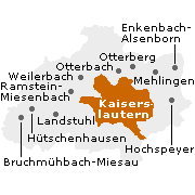 Kaiserslautern, kreisfreie Stadt im gleichnamigen Kreis, Karte der umgebenden Orte