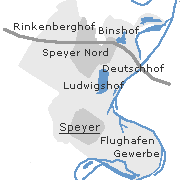 Stadtgebiet Speyer mit Altrheinabschnitt, Flugplatz, Gewerbe und bäuerlichen Siedlungen, der Kernstadt und Nordstadt