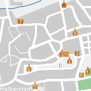 Sehenswürdigkeiten in der alten Harzstadt Halberstadt im Plan der Innenstadt
