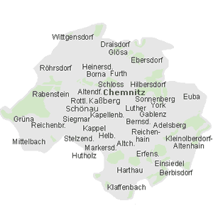 Lage einiger Orte im Stadtgebiet von Chemnitz