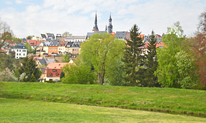 Blick vom Grünfelder Park über die Zwickauer Mulde auf Waldenburg