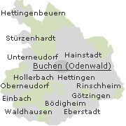 Lage einiger Stadtteile im Stadtgebiet von Buchen im Odenwald