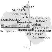 Lage einiger Orte im Stadtgebiet von Ellwangen