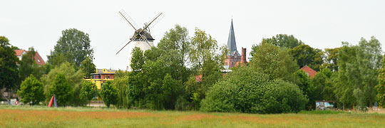Bad Sülze: einprägsame Kulisse mit Windmühle und Kirche