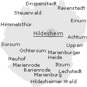 Lage einiger Orte im Stadtgebiet von Hildesheim