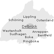 Lage einiger Orte im Stadtgebiet von Delbrück