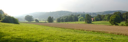 Auf der Straße von Lengerich nasch Tecklenburg grenzen wellige Felder an den Teutoburger Wald
