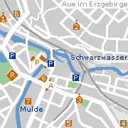 Aue , Stadtplan der Sehenswürdigkeiten in der Innenstadt