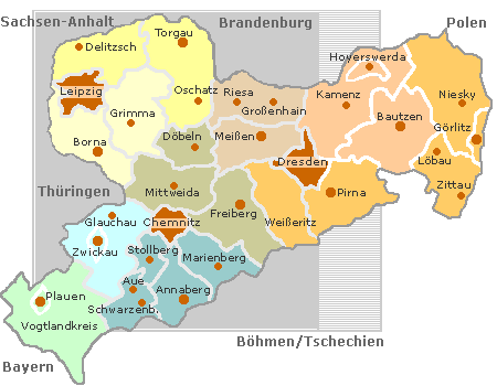 klick und finde auf Sachsenkarte Städte und Kreise und die Nachbarn des Bundeslandes