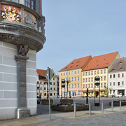Torgau Marktplatz, links der Erker vom Rathaus